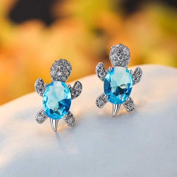 “Just Keep Swimming” Blue Turtle Diamond Earrings - Picture 6 of 8